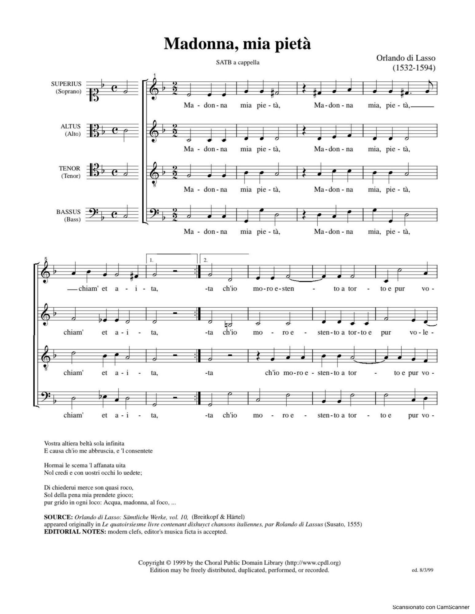 Prima pagina della partitura di «Madonna, mia pietà» di Orlando di Lasso, per coro SATB a cappella (edizione Choral Public Domain Library)
